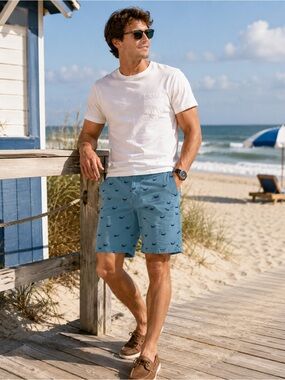 Hudson & Barrow Men’s Whale Print Chino Shorts Blue Size 32 Nautical Preppy